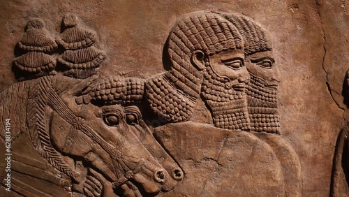 An Ancient Assyrian Relief Depicting Grooms and Horses from Nimrud, Iraq