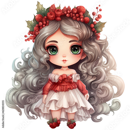 Cute little girl with long curly hair and red christmas hat  Christmas Day AI Generative