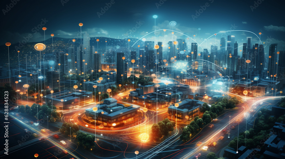 Smart city Futuristic cityscape with light trails connect with wave line creative design, big data connection technology concept, Digital skyline