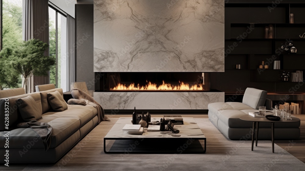 Fototapeta premium living room marble wall fireplace stylish, generative ai