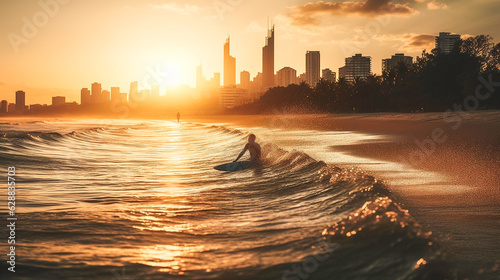 A surfer riding a wave at Burleigh Heads on the Gold Coast in Queensland Australia with the Surfers Paradise buildings in the background in golden afternoon sunlight