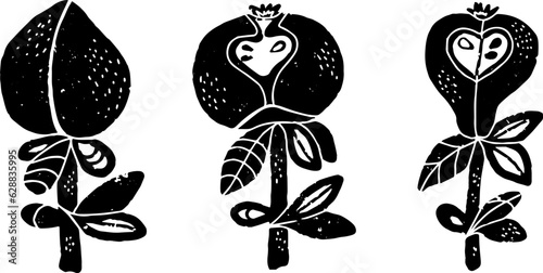 Stylized fruits on stems pear, apple, peach. Scandinavian style, rustic motifs. Vector set of elements for design and decoration.