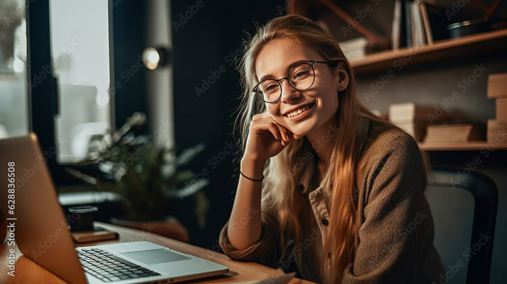 Happy woman working from home, location independent employment. Laptop lifestyle. Happy woman working from home, location independent employment. Laptop lifestyle.