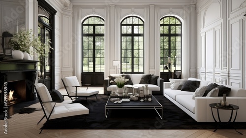 spacious classic living room black white  generative ai