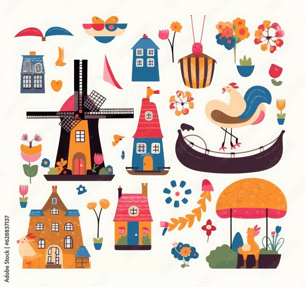  illustration in cartoon style with symbols of Netherlands, Generative AI