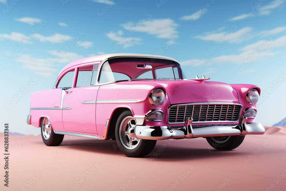Vehiculo retro rosa, sobre fondo pastel en un desierto. Ilustracion de ia generativa