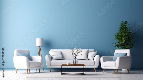 white sofa blue armchair living room, generative ai