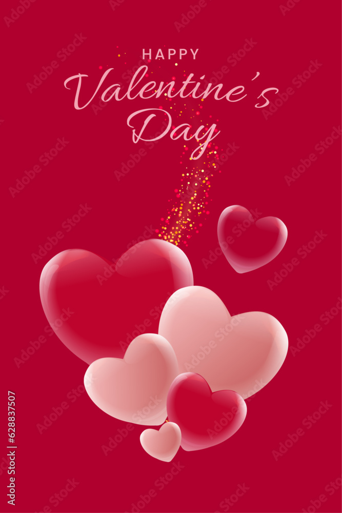 Valentine's day poster. Vector illustration. 3d red, transparent and pink hearts with place for text. Cute love sale banner, voucher or greeting card