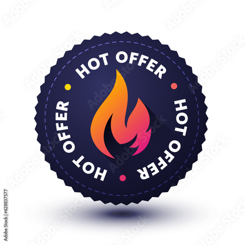 Seal, Button Or Medal With Flame Icon And Text Hot Offer