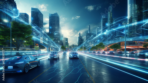 Smart city Futuristic cityscape with light trails connect with wave line creative design, big data connection technology concept, Digital skyline