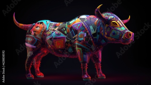 Colorful abstract Cyberpop animal bull painting geometric style. Isolated black background Generative AI photo