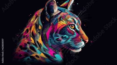 Colorful abstract Cyberpop animal bobcat painting geometric style. Isolated black background Generative AI photo