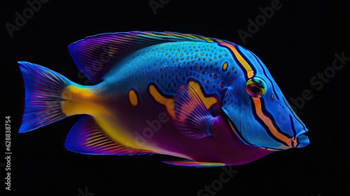 Colorful abstract Cyberpop animal doctorfish painting geometric style. Isolated black background Generative AI photo