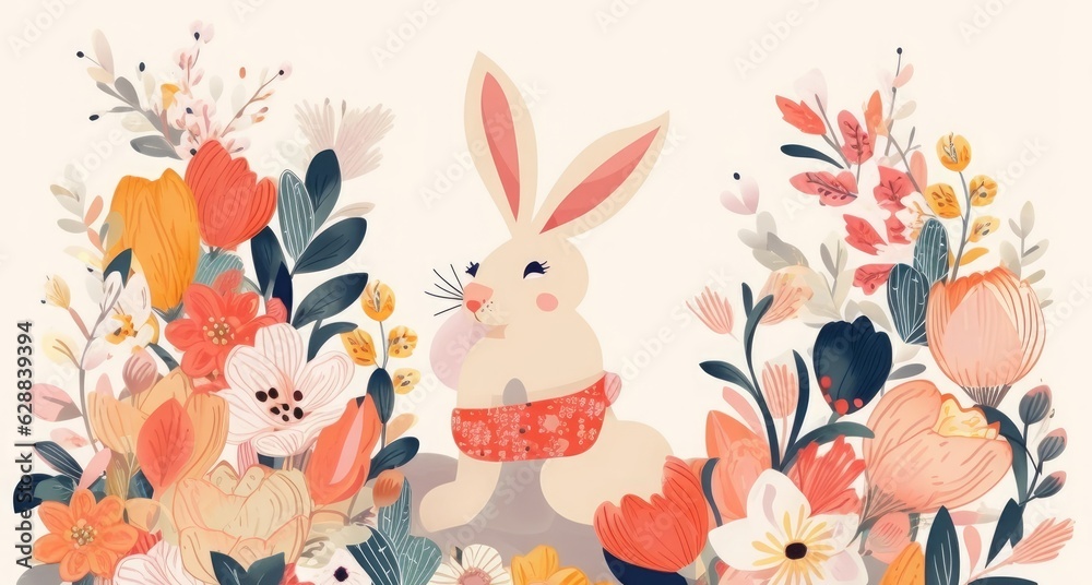 Beautiful  spring illustration with bunny, flowers, floral bouquets, flower compositions, Generative AI