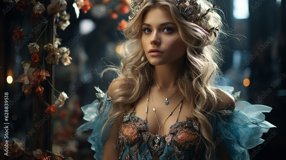 portrait of young blonde woman in blue dress with flowers.generative ai portrait of young blonde woman in blue dress with flowers.generative ai