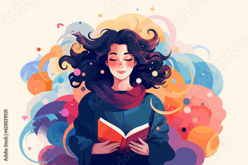 A young girl reads a book passionately. Around her, shapes and colors float, representing imagination and passion.
