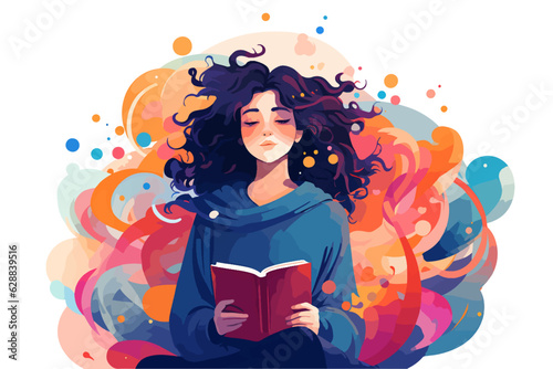 A young girl reads a book passionately. Around her, shapes and colors float, representing imagination and passion.