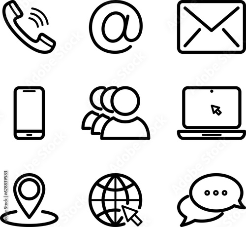 Linear icons of Phone, Mail, Mobile, Go to WEB, Social, Pin and Comment for web design photo