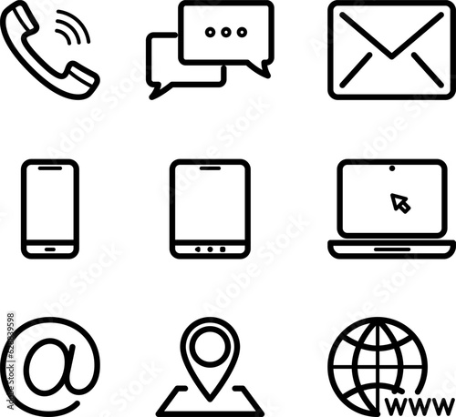 Linear icons of Phone, Mail, Mobile, Go to WEB, Address, Pin and Comment for web design