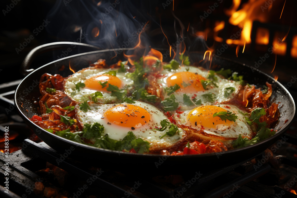 Delicious fried eggs with vegetables in a frying pan cooked on fire with smoke, tasty and healthy food for breakfast and lunch Delicious fried eggs with vegetables in a frying pan cooked on fire with smoke, tasty and healthy food for breakfast and lunch