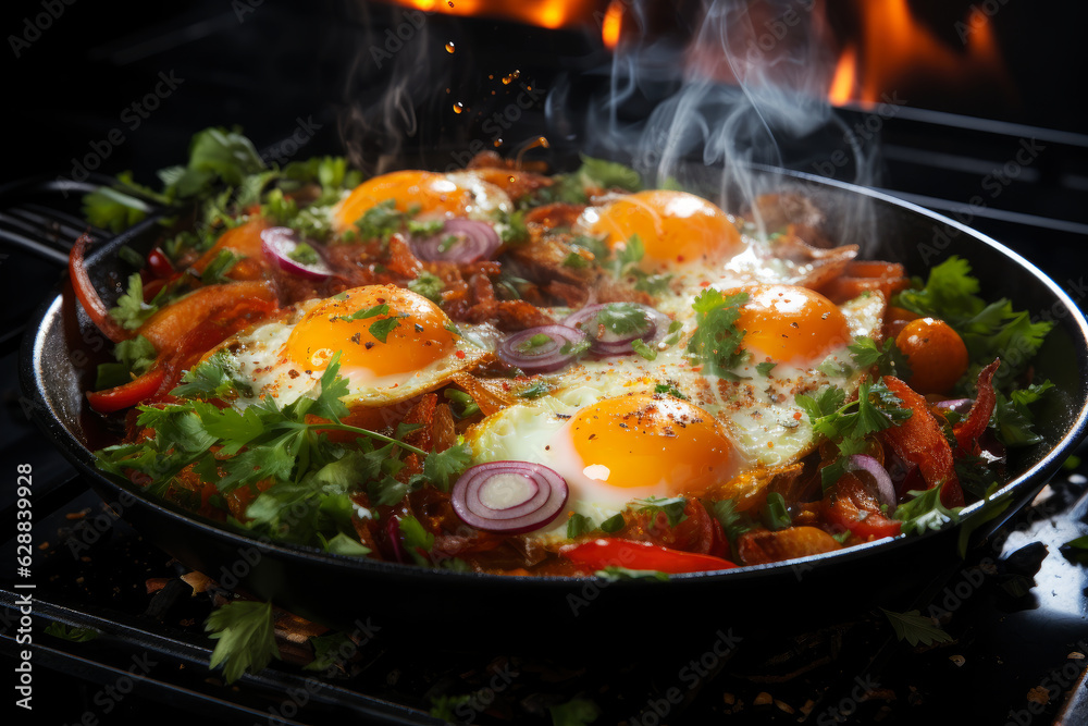 Delicious fried eggs with vegetables in a frying pan cooked on fire with smoke, tasty and healthy food for breakfast and lunch Delicious fried eggs with vegetables in a frying pan cooked on fire with smoke, tasty and healthy food for breakfast and lunch