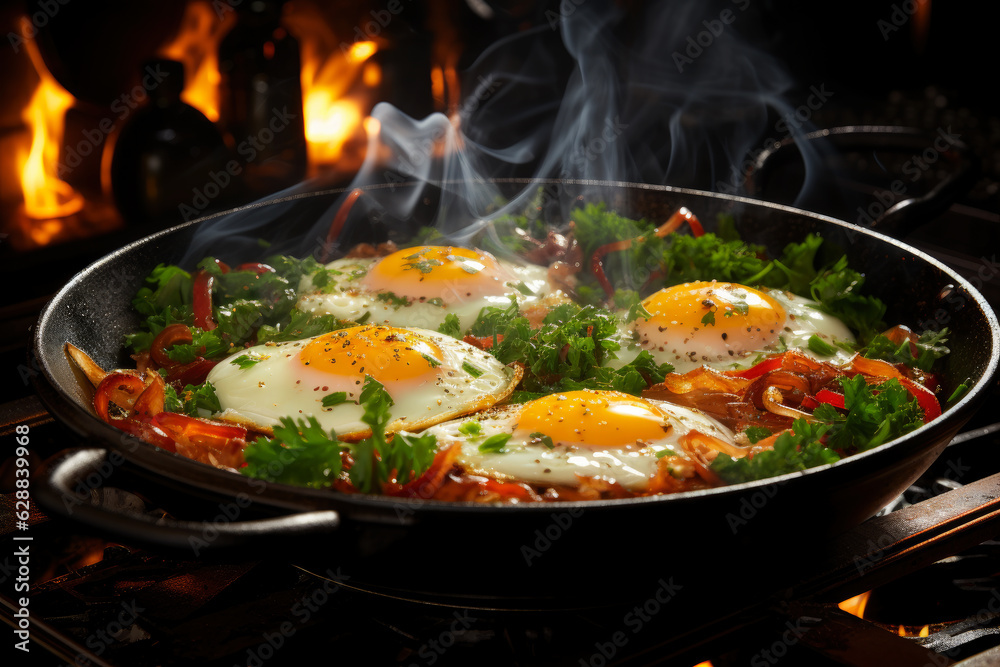 Delicious fried eggs with vegetables in a frying pan cooked on fire with smoke, tasty and healthy food for breakfast and lunch Delicious fried eggs with vegetables in a frying pan cooked on fire with smoke, tasty and healthy food for breakfast and lunch