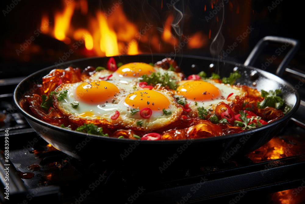 Delicious fried eggs with vegetables in a frying pan cooked on fire with smoke, tasty and healthy food for breakfast and lunch Delicious fried eggs with vegetables in a frying pan cooked on fire with smoke, tasty and healthy food for breakfast and lunch