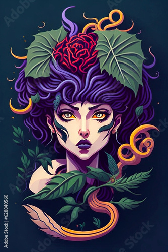 A detailed illustration of a Medusa with dark gothic  leaf  and flower for a t-shirt design