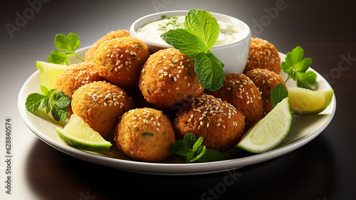 fried falafel balls with fresh salad on a dark background.generative ai