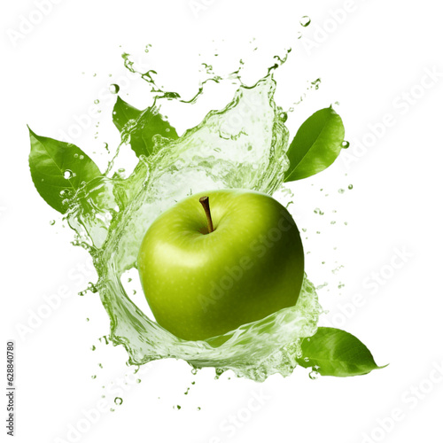 Fresh green apple and splash of water on white background