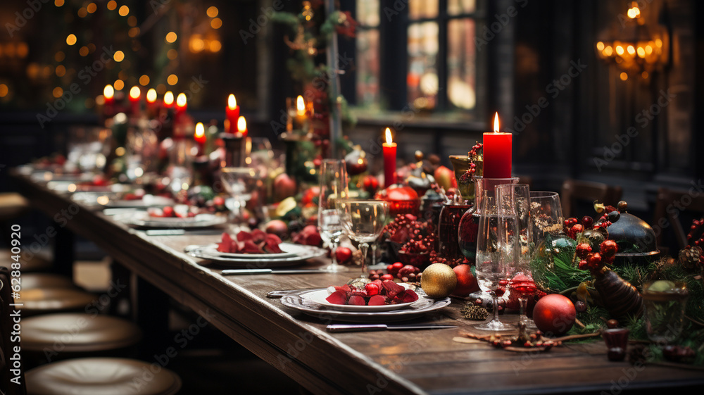 christmas table with candles in restaurant, christmas eve.generative ai