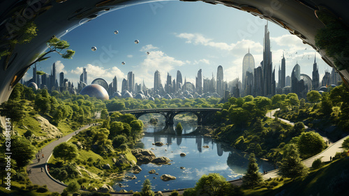 futuristic sci - fi city with alien forest.generative ai
