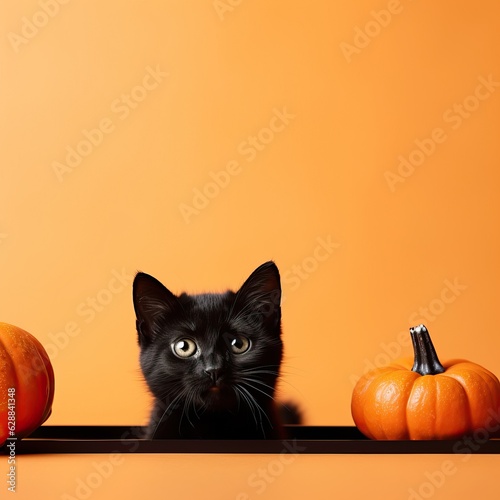 black cat with pumpkin, Halloween background. © banthita166