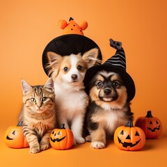 cat and dog, wearing costume for halloween. friend with orange backgound. halloween theme.