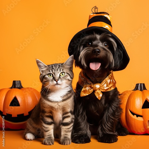 cat and dog, wearing costume for halloween. friend with orange backgound. halloween theme. © banthita166
