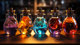  Glass flasks with colorful liquid. Generative Ai