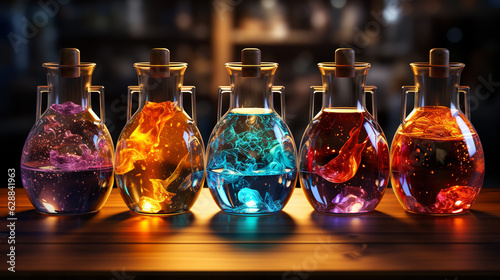  Glass flasks with colorful liquid. Generative Ai