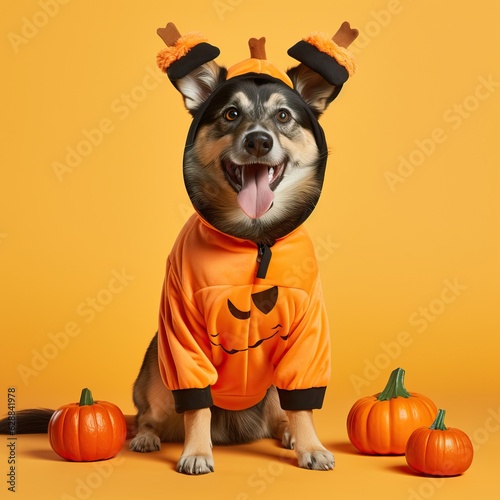 happy dog with hat. halloween theme. cute costume on orange background photo