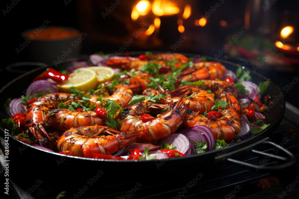 Shrimp fried in a frying pan with lemon, pepper, onion and parsley, cooking seafood with vegetables on fire with smoke