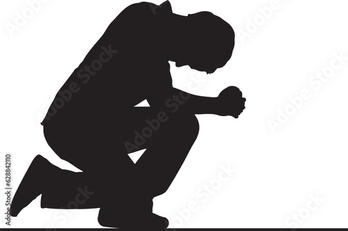 Silhouette Vector: Sad Man Praying on Knees, Praying Man Silhouette - Vector Illustration, Depressed Man in Prayer Pose