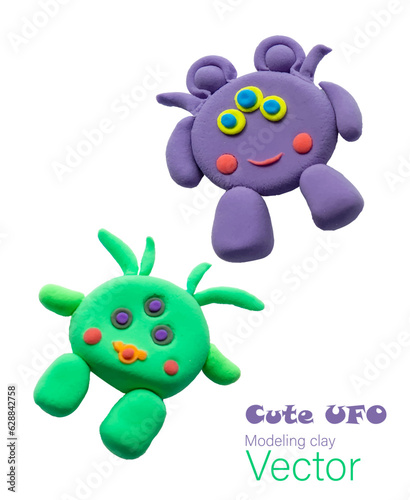 Vector  isolated UFO figurines made of plasticine. Bright funny  cute green and purple aliens with three eyes. Design and decoration of postcards  business cards  notebooks. Separate element for the
