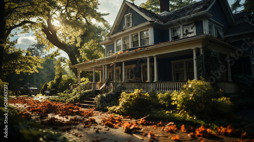 Fallen tree. House after hurricane. Generative Ai