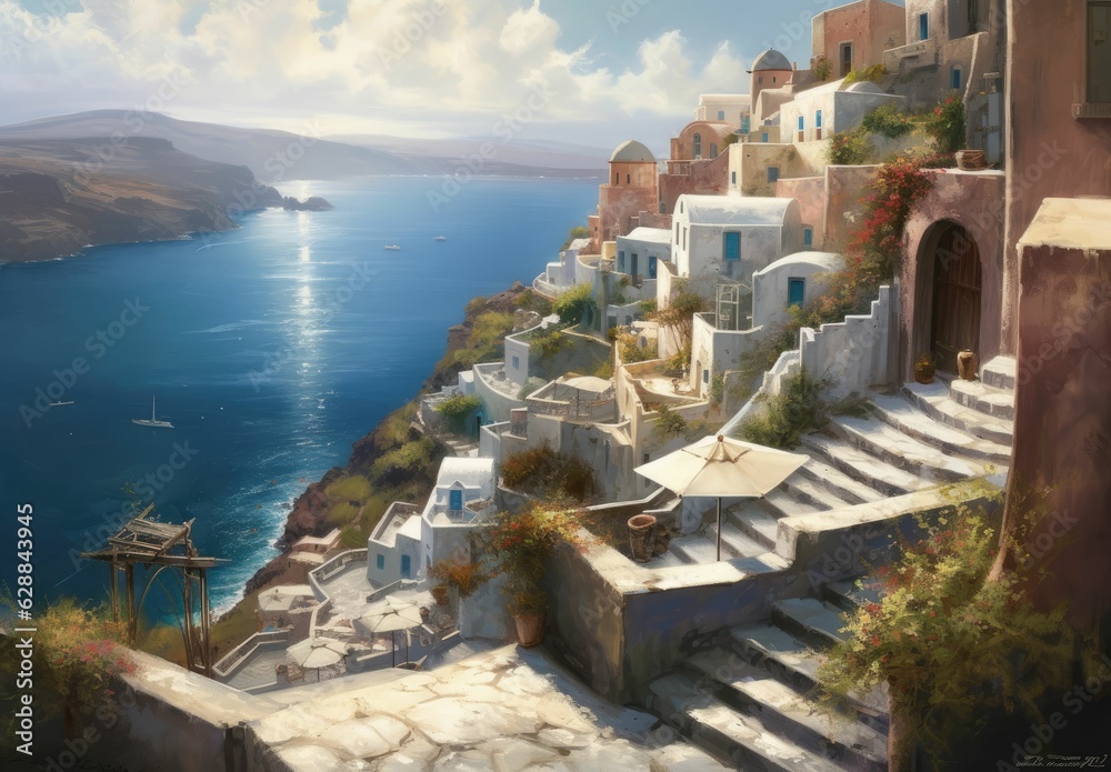 Obraz premium Traditional and famous houses and churches with blue domes over the Caldera, Aegean sea
