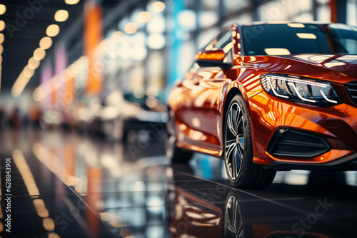 Blurred new cars dealership abstract backdrop. Generative AI © shaista
