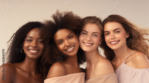 Group of beautiful women smiling and looking at camera, Portrait of different nation women with diverse type on skin, Happy different ethnicity models standing together, Beauty concept, AI Generated