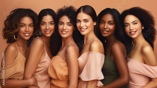 Group of beautiful women smiling and looking at camera, Portrait of different nation women with diverse type on skin, Happy different ethnicity models standing together, Beauty concept, AI Generated photo