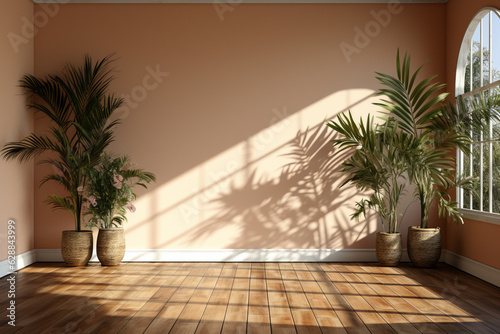 Empty studio room with window shadows and palm leaves. Generative AI