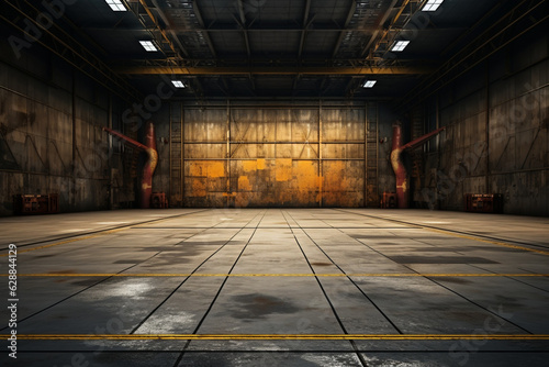 Perspective view of a large hangar with a concrete floor and open door. Generative AI