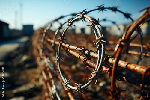 Barbed wire swirls on prison fence, representing restrictions. Generative AI