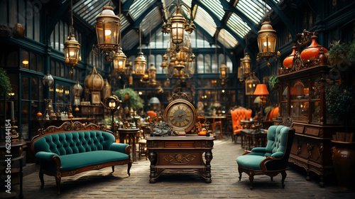 Foto Interior of an antique store with old vintage classical objects and furniture